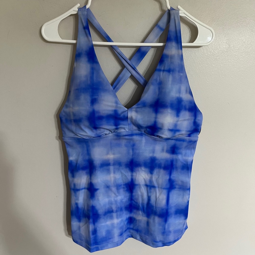 Athleta Plunge Tankini Top Blue Tie Dye Shibori D-DD Cup Size‎ Medium Cross Back